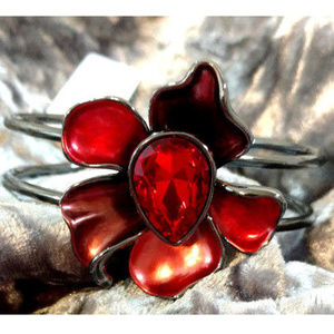 Flower Cuff Bracelet Bangle Ruby Red Steel Crystal